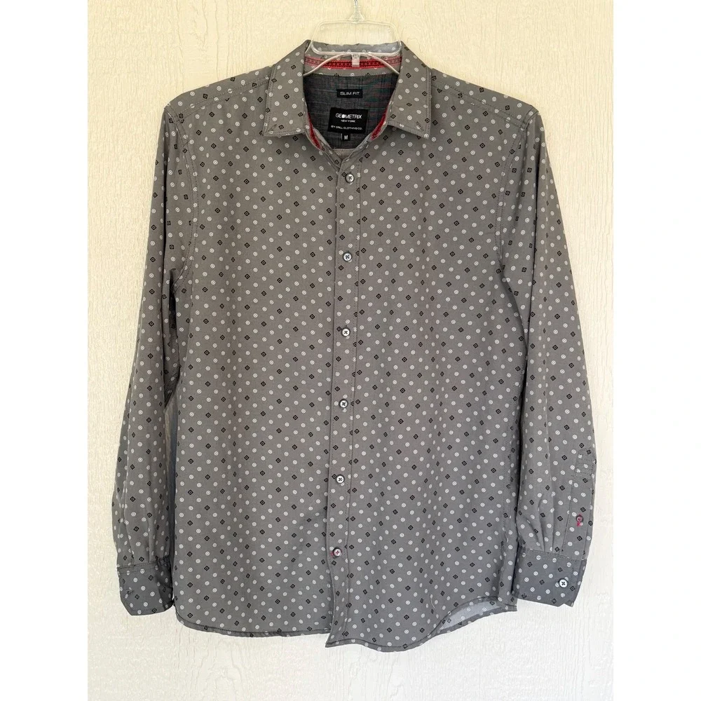 Geometrix New York Mens Slim Fit Grey Geometric Button Down Shirt Medium M